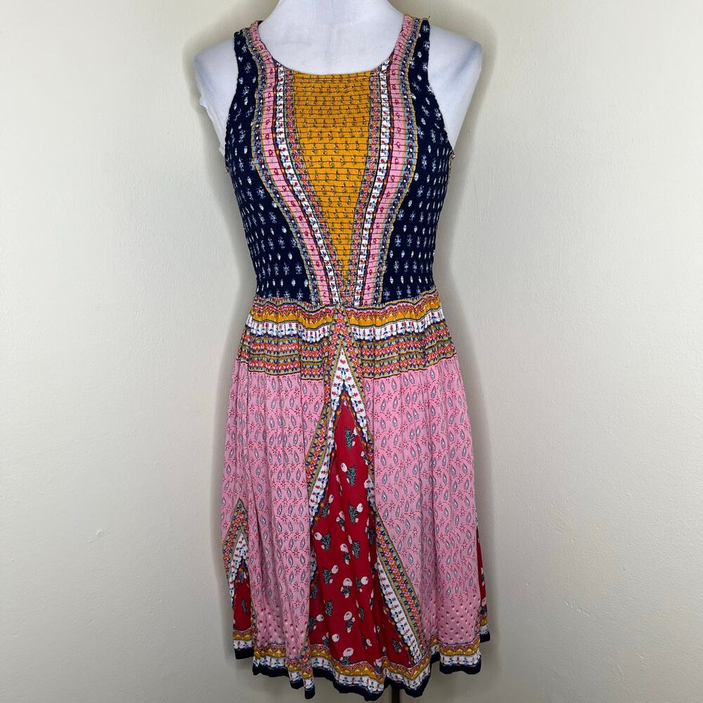 Patrons of Peace Tank Dress Small Patchwork Smocked Mini Hippie Boho Colorblock